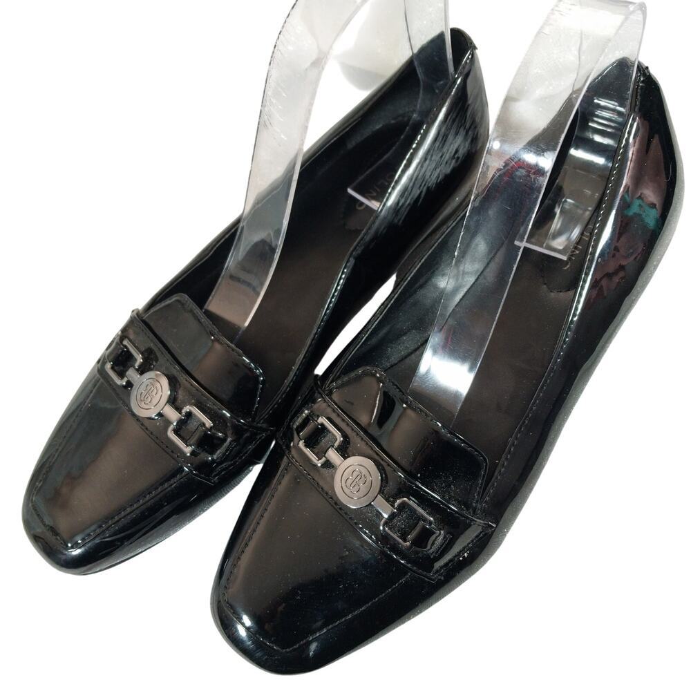 BANDOLINO! FLORA BLACK PATENT LEATHER FRONT METAL HARNESS NIPPED TOE FLATS!SZ 8M